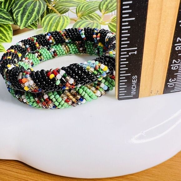 Traditional African Multicolored Beaded Bangle Bracelet Black Blue Orange - Picture 5 of 6